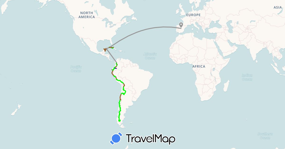 TravelMap itinerary: driving, plane, boat, vélo, bus ou stop, avion in Argentina, Bolivia, Chile, Colombia, Cuba, Ecuador, Spain, Mexico, Peru (Europe, North America, South America)